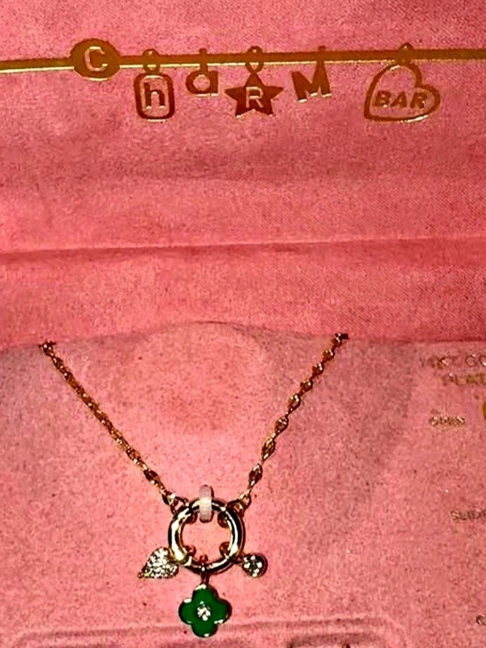 Charm Bar 14KT Gold Plated Customizable Necklace Set with 6 Charms Pink Trunk